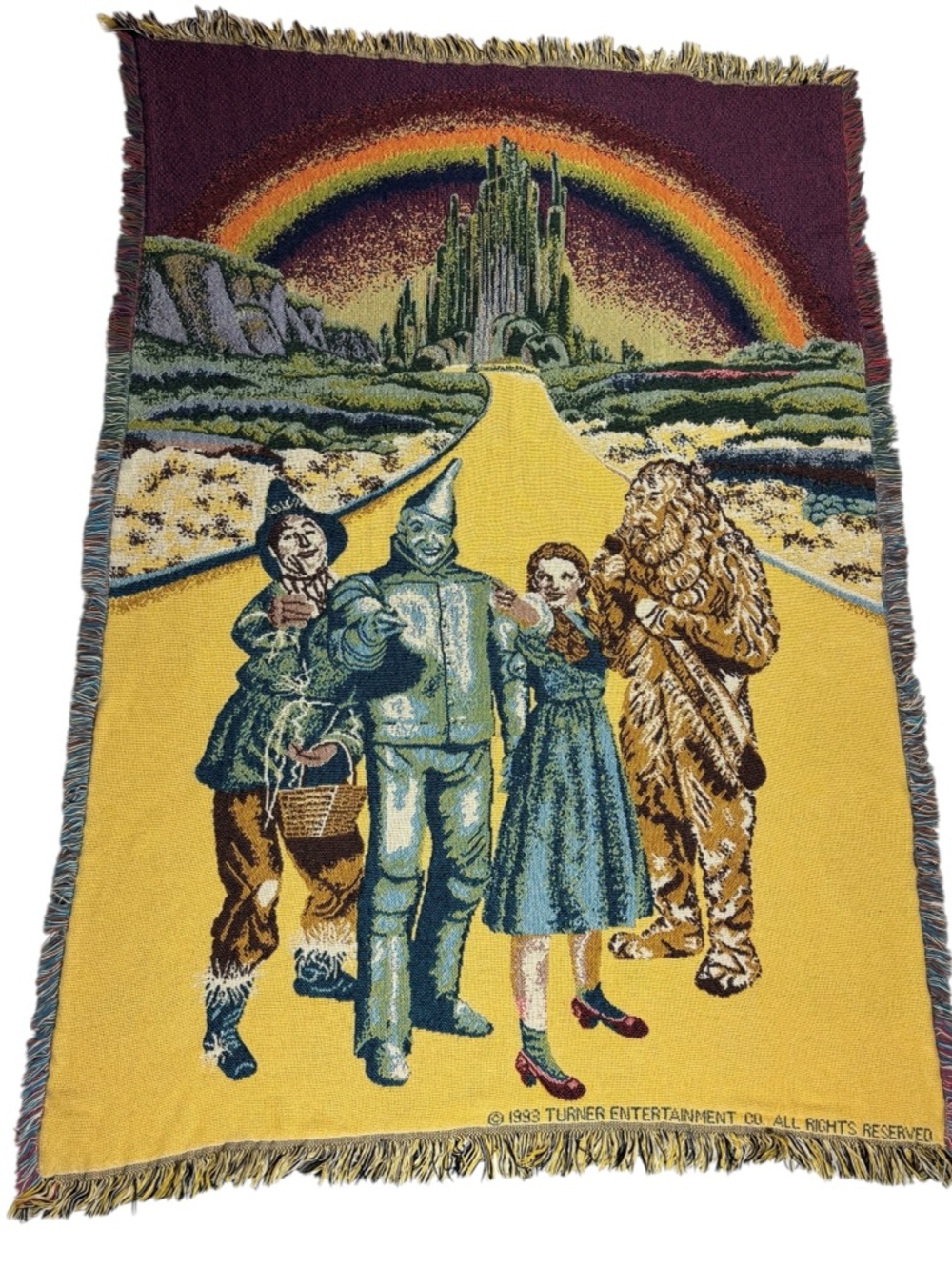Vintage 90s Wizard of Oz Woven Tapestry Throw Blanket Emerald Fringe 43" x 65"
